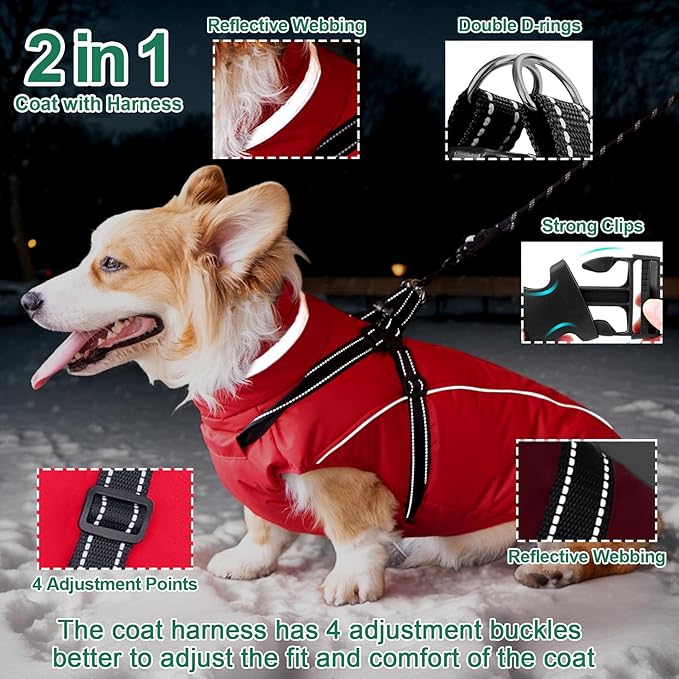 Fragralley Dog Coat with Harness Built in, Waterproof Windproof Reflective Warm Puffer Jacket, Fleece Lined Vest Winter Parka for Small, Medium, Large Dogs