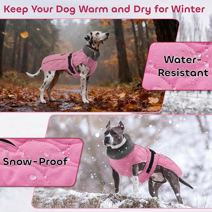 Dog Coat Winter, Waterproof Quilted Dog Jacket for Cold Weather, Reflective Adjustable Puppy Winter Coat, Warm Turtle-Neck Pet Fleece Snow Jacket for XX-Large Dogs, NewPink XXL
