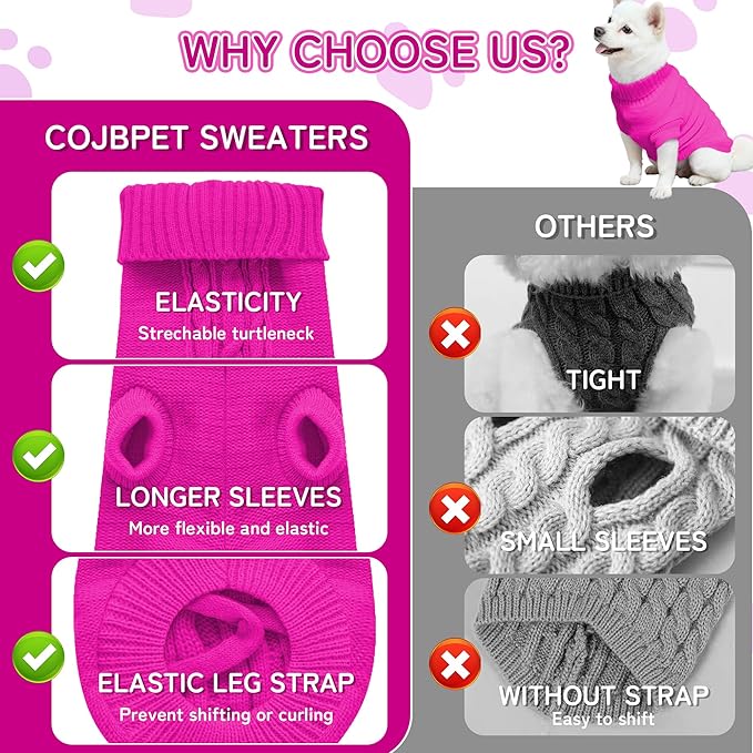 Knitted Dog Sweater for Mini/Small Dogs, Pullover Turtleneck Pet Sweaters, Winter Dog Clothes, Warm Soft Winter Holiday Cat Sweater, Rose Red, XXS