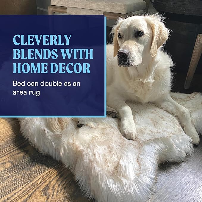 PAW BRANDS PupRug Orthopedic Dog Bed for Large Dogs with Fluffy Soft Faux Fur and Memory Foam for Joint Pain Relief, Machine Washable and Waterproof Couch Bed, White with Brown Accents, Large/XL
