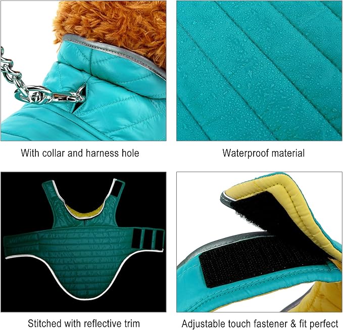 Mogoko Reflective Reversible Dog Winter Coat with Harness/Leash Hole, Waterproof Pet Jacket Warm Vest for Cold Snow Weather (Yellow/Green)
