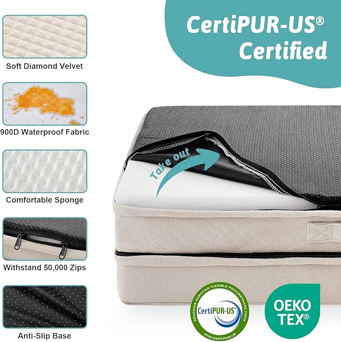 COZY KISS Orthopedic Dog Bed for Extra Large, XXL Dogs Bed, L Shaped Foam Anti-Slip Bottom Giant Pet Cat Sofa with Washable Cover, Suitable for Pet Up to 150 lbs, 48x35x8 inch, Beige ﻿