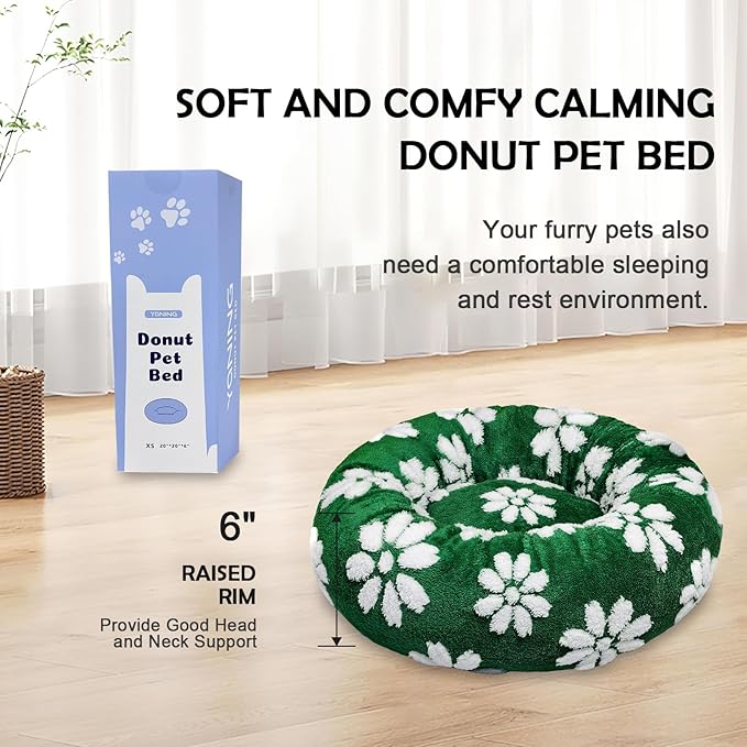 Yaning Donut Dog Beds for Small Dogs, Calming Round Cat Beds for Indoor Cats, Cute 3D Textured Flower Pet Bed with Removable Washable Cover and Anti-Slip Bottom（Green，20"）