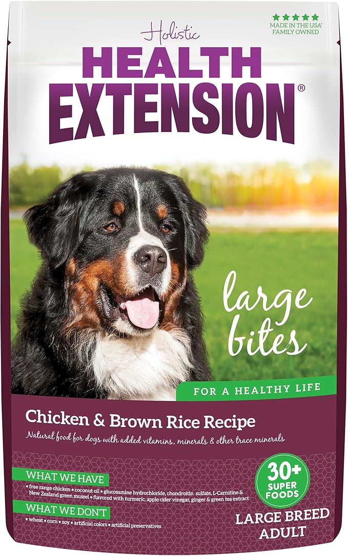 Health Extension Large Bites Chicken & Brown Rice Dry Dog Food, Protein-Rich Formula with Probiotics & Essential Nutrients for Large Breeds (30lb)