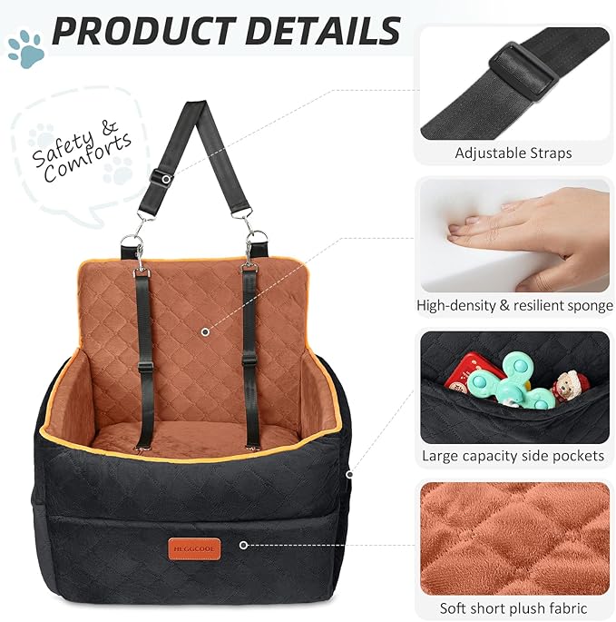 Small Dog Car Seat, Memory Foam Dog Booster Seats with Thick Cushion for Medium Dogs Under 35lbs, Detachable Washable Pet Car Seat Travel Bed with Storage Pockets,2 Safety Belts