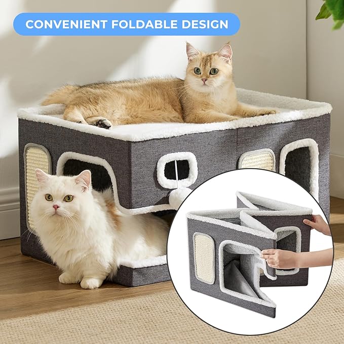 ZOMISIA Extra-Wide Cat House for Indoor Cats - Large Cat House for Pet with Fluffy Ball Hanging and Scratch Pad, Foldable Cat Hideaway for Multi Cats, 23x16.5x13 inches, Navy