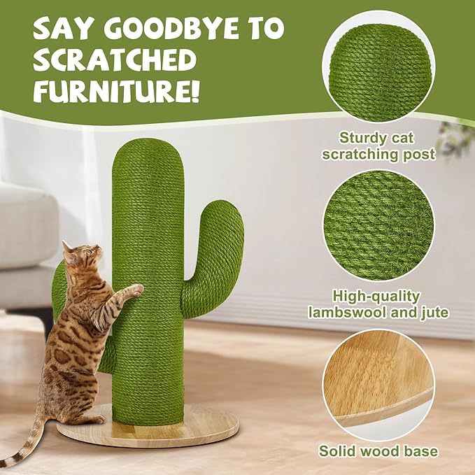 TownTime Cat Scratching Post with Solid Wood Base,27.55" Hx17.71 Lx17.71 W Tall Scratching Posts for Indoor Cats Adults,Cactus Thick Columns,Durable Lambswool and Jute,Large Scratcher Post (Small)