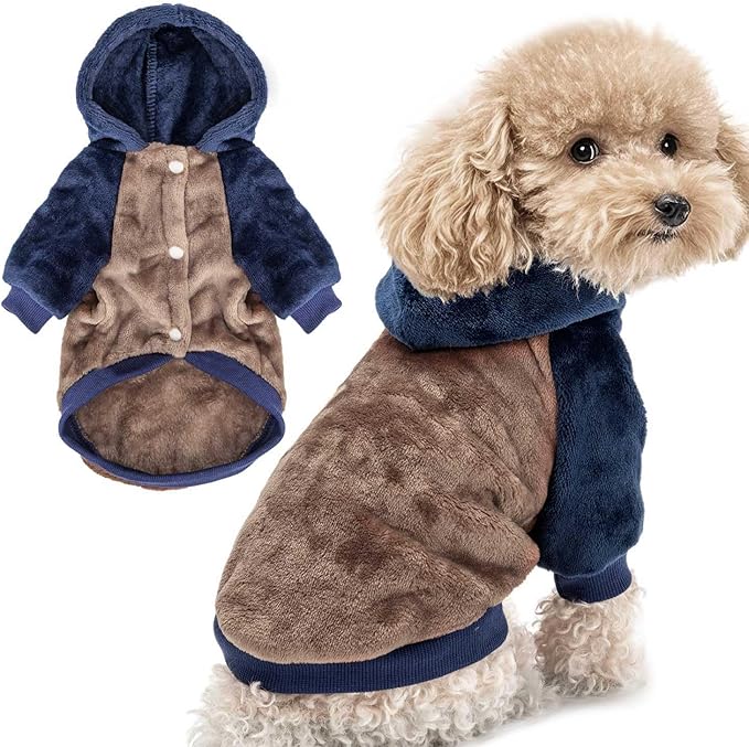 FabriCastle Dog Hoodie Sweater for Small Dogs Boy and Girl, Small Dog Clothes XS XXS Puppy Sweatshirt, Pet Outfit, Cat Clothing Super Soft Warm Snap On Closure (Khaki-Navy, Medium)