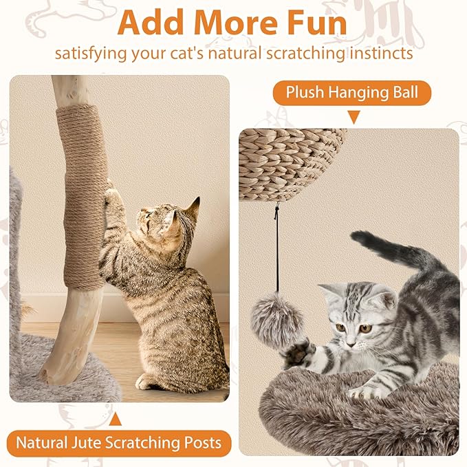 Tangkula Solid Wood Cat Tree, Multi-Level Cat Tower with Well-Woven Cattail Basket, Luxury Condo, Scratching Posts, Dangling Ball, Soft Long Plush Fabric, Modern Boho Cat Tree for Indoor Kittens