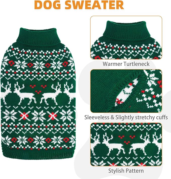 KOOLTAIL Christmas Dog Sweater, Cold Weather Pullover Classic Knitwear, Reindeer Snowflake Pattern Thick Warm Winter Pet Clothes, Cable Knit Sweaters for Small Medium Large Dogs Boy Girl, Green L/XL