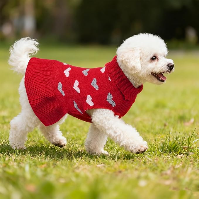 Dog Sweater Dress Heart Red Turtleneck Knit Dress for Small Dogs 9-15 lbs Valentine Winter Pullover with Leash Hole for Wedding Mothers Day Valentine's Day