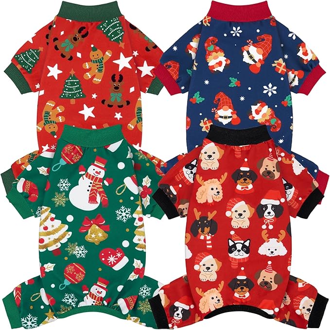 XPUDAC 4 Pack Dog Christmas Pajamas Stretchy Dog Clothes for Small Medium Dogs Girl Boy Christmas Puppy Outfit Pet Jumpsuits Pjs Winter Cat Costume, XL