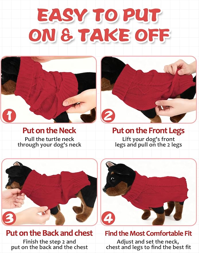 2PCS Dog Christmas Sweater, Soft Warm Pet Clothes Coat for Small Medium Large Dogs and Cats Boy Girl, Fall Cozy Holiday Turtleneck Knitting Collar Pullover Pup Outfit Costume for Thanksgiving New Year