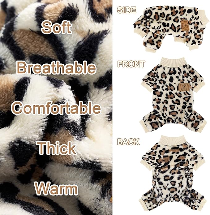 XPUDAC Fleece Dog Pajamas Leopard Dog Sweaters Winter Puppy Clothes for Small Medium Dogs Boy Girl Pet Jumpsuits Doggie Outfits for Christmas, L