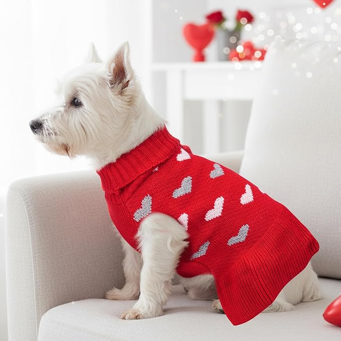 Dog Sweater Dress Heart Red Turtleneck Knit Dress for Small Dogs 9-15 lbs Valentine Winter Pullover with Leash Hole for Wedding Mothers Day Valentine's Day