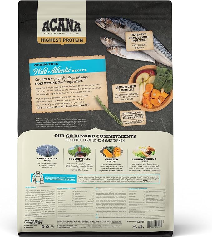 ACANA Highest Protein Grain Free Dry Dog Food Wild Atlantic Recipe 4.5lb Bag