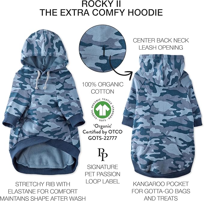 Rocky II - The Extra Comfy Hoodie, Organic Cotton and Recycled Poly Dog Hoodie Pet Coat Sweater for Small, Medium, Large Dogs, Navy Camo, X-Large