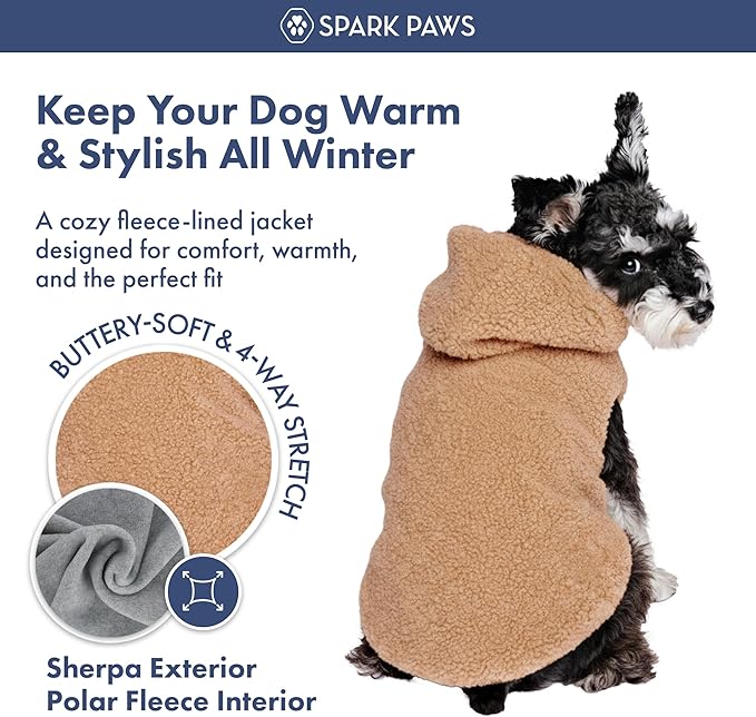 Spark Paws Fleece Dog Jacket, Hooded Sweater Vest, Warm Coat for Winter - Suitable for Small Medium Large XL XXL Breeds - Brown - L