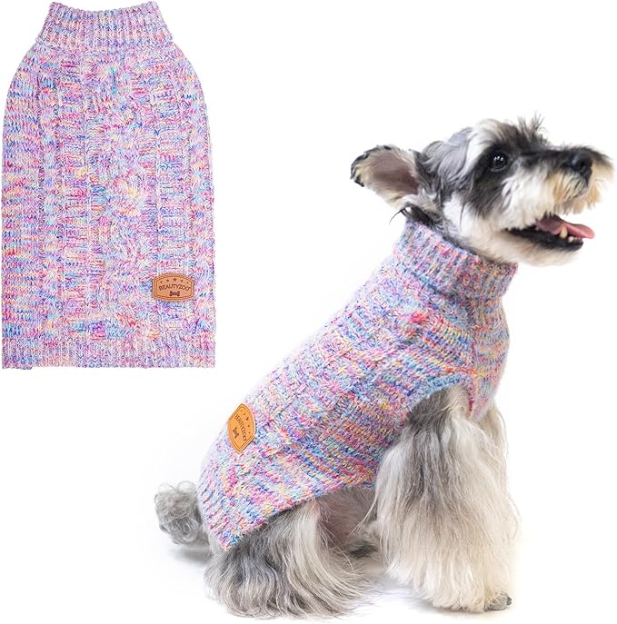 BEAUTYZOO Small Dog Sweater -Turtleneck Pullover Classic Cable Knit Fuzzy Winter Coat Dog Cold Weather Clothes for Small Medium Dogs Puppy Girl Boys(Rainbow Pink, S/M)