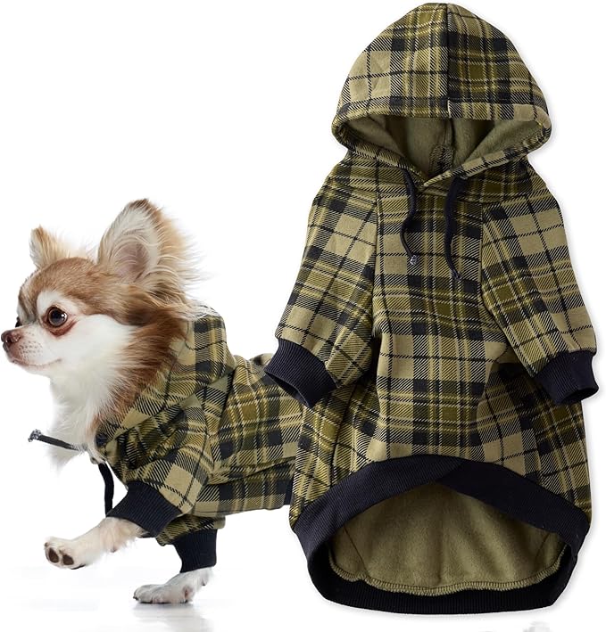 Rocky II - The Extra Comfy Hoodie, Organic Cotton and Recycled Poly Dog Hoodie Pet Coat Sweater for Small, Medium, Large Dogs, Olive Chesterfield Plaid, X-Small