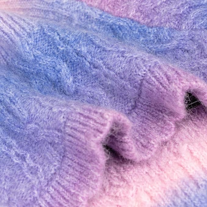 Rainbow Mohair Dog Poncho, Cold Weather Cable Dog Sweater for Small Dogs, Classic Turtleneck Thick Puppy Clothes with Leash Hole DS93S