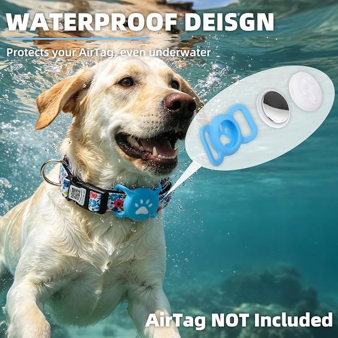 PUPTECK Airtag Dog Collar, Reflective with QR Code Buckle, Waterproof AirTag Holder Outdoor Tracking Pet Collars, Adjustable Soft Padded Durable for Small Medium Large Dogs Walking Training, Blue M