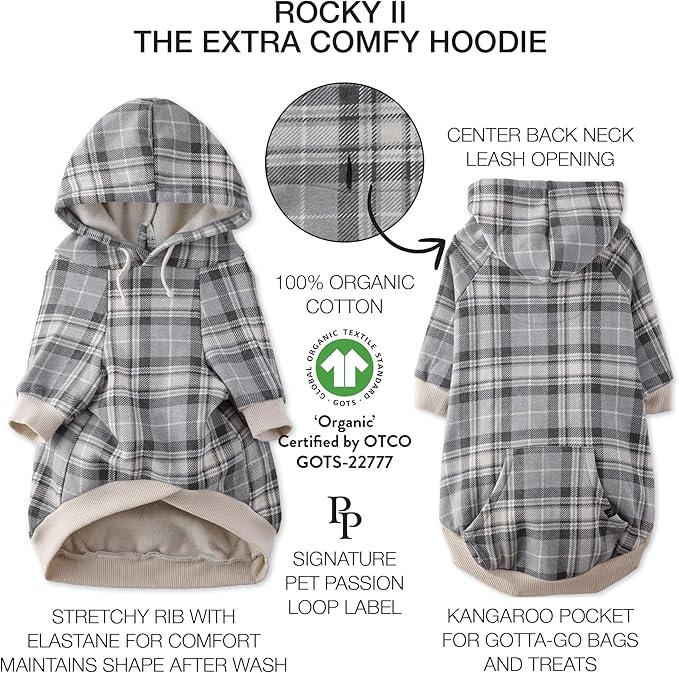 Rocky II - The Extra Comfy Hoodie, Organic Cotton and Recycled Poly Dog Hoodie Pet Coat Sweater for Small, Medium, Large Dogs, Gray Chesterfield Plaid, X-Large