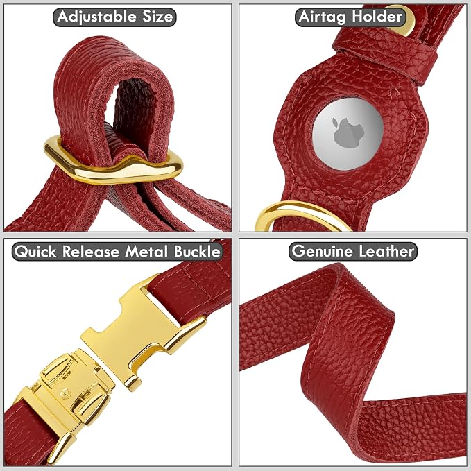 Leather Airtag Dog Collar - Soft Tracking Dog Collar with Apple AirTag Holder and Metal Buckle - Safety GPS Pet Collars for Small Medium Large Dogs Puppy Pink Red (Red, XS, 9"-12" Neck Fit)