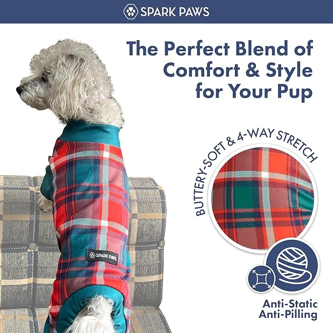 Spark Paws Dog Christmas Pajama, Dog Recovery Suit Male, Onesie, Ultra-Soft and 4-Way Stretch, for Small Medium and Large Breeds - Green and Red Plaid - XL