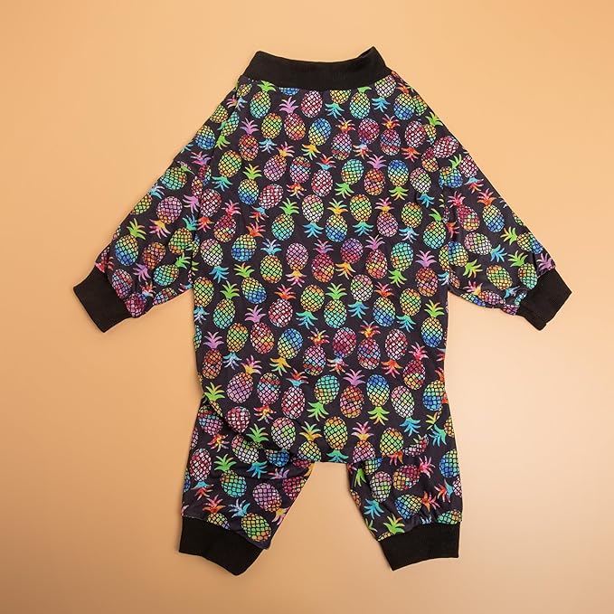 LovinPet Large Dog Clothes for Pitbulls Male, Dog Onesie with Uv Protection,Anxiety Calming Dog Shirt,Lightweight Fabric,Pinapple Paradise Black Print, Onesies for Dogs, Pajamas for Pitbulls, XL