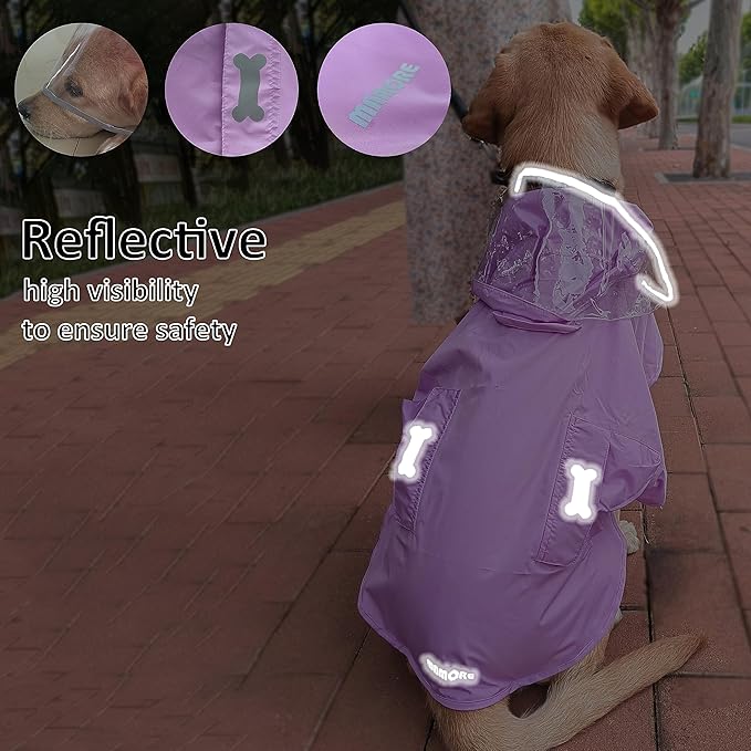 Waterproof Dog Raincoat, Adjustable Reflective Lightweight Pet Rain Clothes with Poncho Hood(XX-Large, Light Purple)