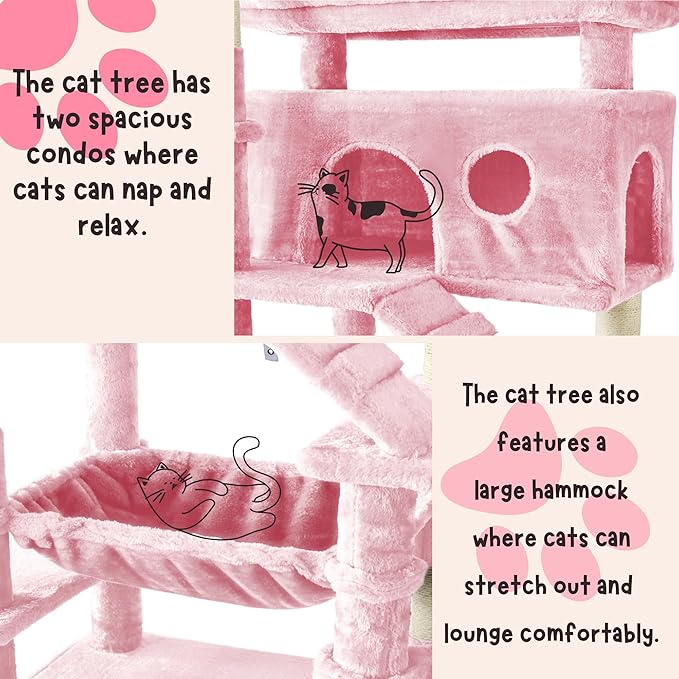 PurrFest Cat Tree,80-Inch Large Cat Tower with 9 Scratching Posts, 2 Perches, 2 Caves, 2 Basket, 2 Stairs,Extra Large Hammock, Pompoms, Multi-Level Plush Cat Condo for Indoor Cats (Pink)