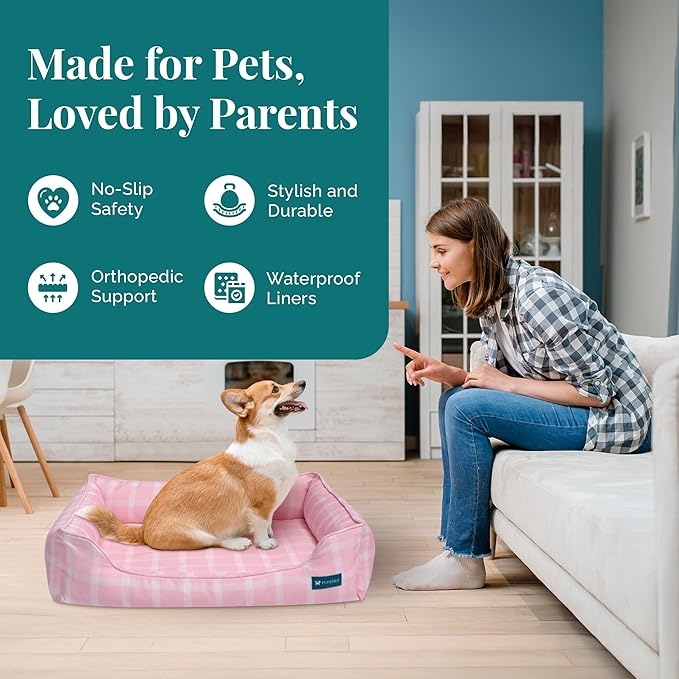 Pupstilo Orthopedic Bolster Dog Bed – CertiPUR-US Foam, Recycled Polyester Canvas, Washable Cover, Anti-Slip Bottom, Medium, Pink Check – Stylish Designer Dog Sofa