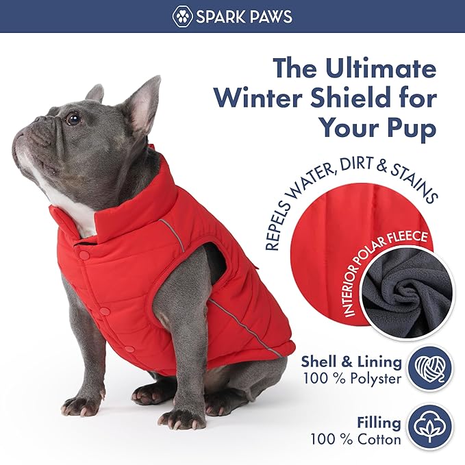 Spark Paws Dog Winter Jacket, Water-Resistant Coat, Warm Reflective Windproof Fleece-Interior, for Medium and Large Dogs - Red - 3XL