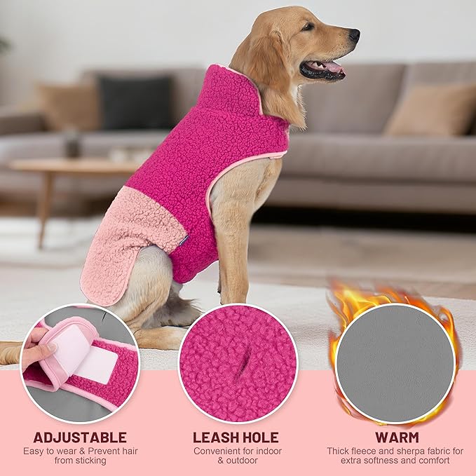 cyeollo Warm Dog Coat Sherpa Reversible Fleece Winter Dog Jackets Sweater Vest for Large Dogs Female, Soft Cold Weather Pet Clothes, Rose Red XXXL