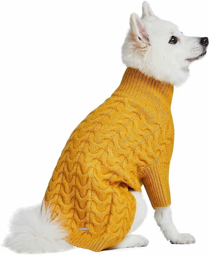 Blueberry Pet Classic Fuzzy Textured Knit Pullover Turtle-Neck Dog Sweater in Mustard Yellow, Back Length 20", Pack of 1 Clothes for Dogs