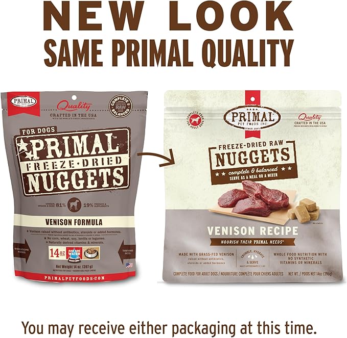 Primal Freeze Dried Raw Dog Food Nuggets, Venison, Complete & Balanced Meal, Also Use as Topper or Treat, Premium, Healthy, Grain Free, High Protein Raw Dog Food, 14 oz