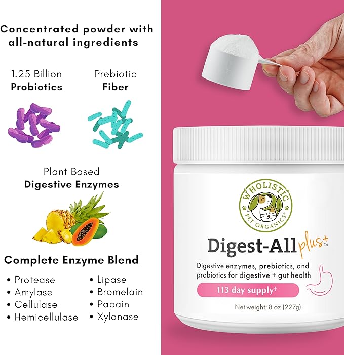Wholistic Pet Organics Probiotics for Dogs with Digestive Enzymes & Prebiotic Fiber - 4 Oz - Daily Cat & Dog Probiotics for Digestive Health, Anti Diarrhea & Gut Support - Natural Powder Supplement
