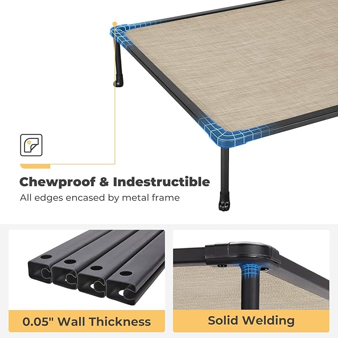 Veehoo Chewproof Elevated Dog Bed - Cooling Raised Pet Cot, Breathable Mesh, Washable & Non-Slip for Large Dogs, Indoor/Outdoor, Beige Coffee Mat and Black Frame, 59x37inches (Model CWC2203A03)