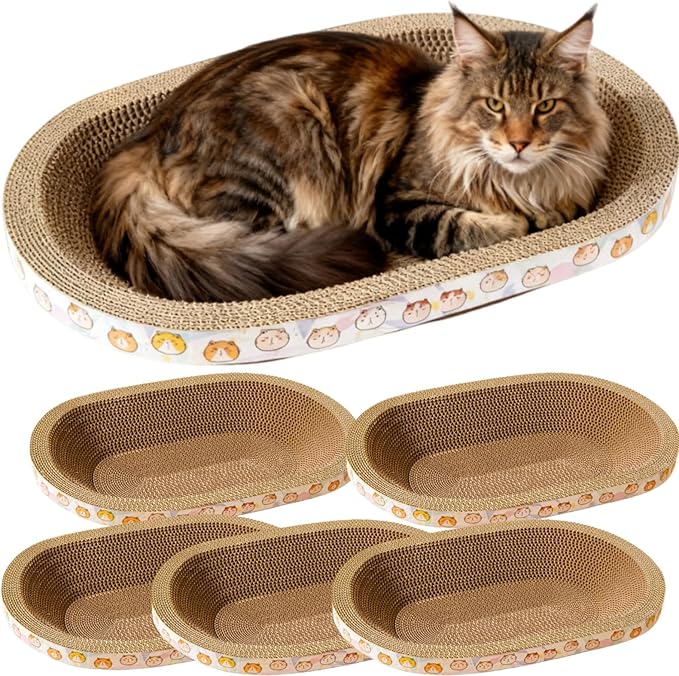 Spindro 5 Pack Large Cat Scratcher Cardboard, Oval Cat Scratcher Bed Cat Scratch Pad Board Lounge Couch for Indoor Cats Bowl Shaped Cat Scratching Post Nest for Cats Grinding Claw Furniture Protector