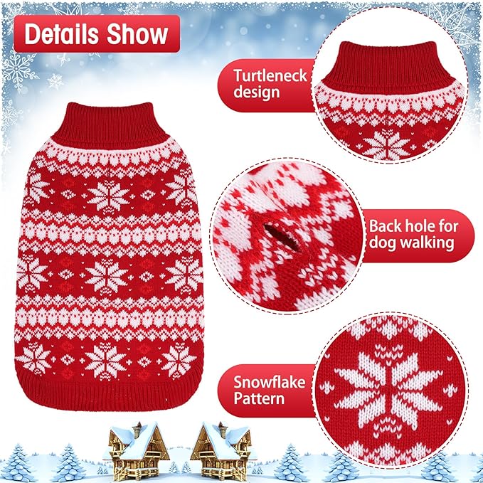 KOOLTAIL Cable Knit Small Dog Sweater Turtleneck, Cold Weather Pullover Classic Knitwear with Leash Hole, Snowflake Pattern Thick Warm Winter Pet Clothes, Medium Dog Christmas Sweater, Red SM