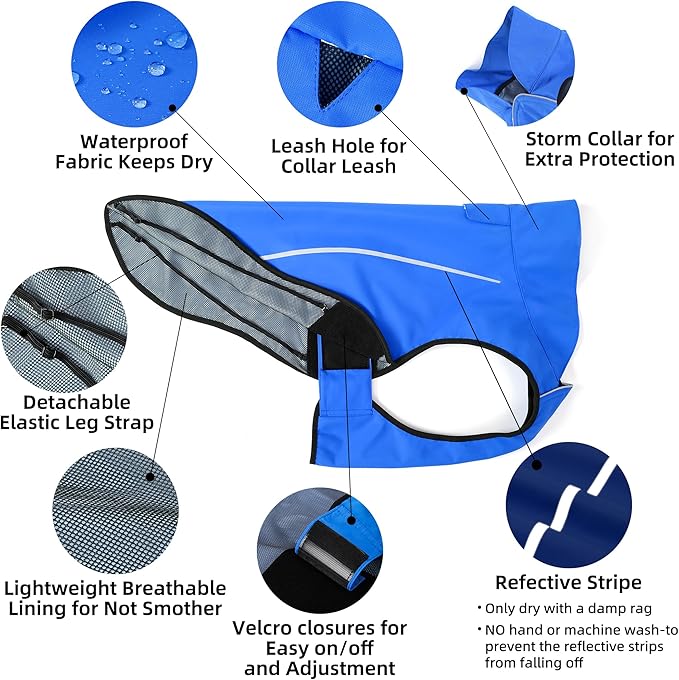 Mile High Life Dog Raincoat, Adjustable Waterproof Reflective Rain Jacket for Small Medium Large Dogs, Lightweight Breathable Pet Rain Coat with Leash Hole(Blue,XS Chest 17-23")