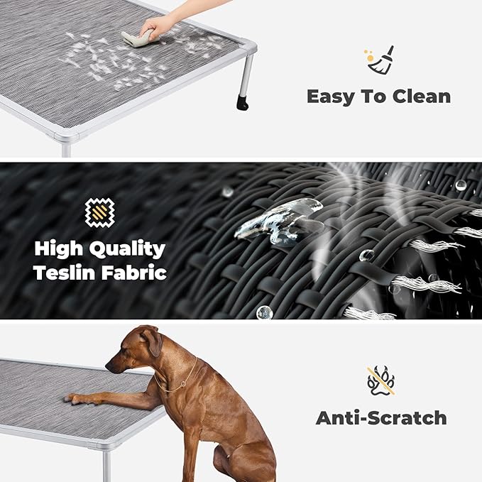Veehoo Chewproof Elevated Dog Bed - Cooling Raised Pet Cot, Breathable Mesh, Washable & Non-Slip for large Dogs, Indoor/Outdoor, Black Silver Mat and Silver Metal Frame, 42x30inches (Model CWC2203B03)
