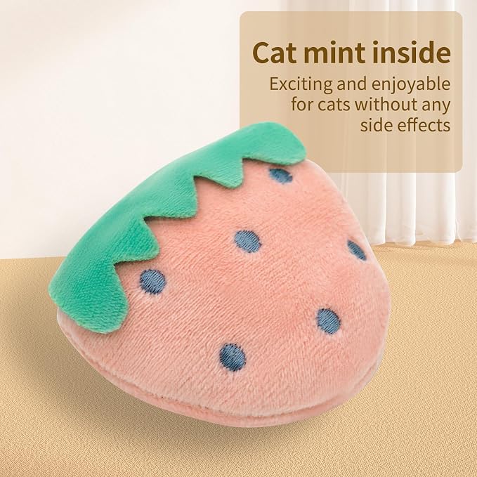 Kitten Chew Toys for Teething with Catnip – 3Pcs Bite Resistant Plush Cat Toys (Strawberry, Cloud Bell, Sunflower Stick)