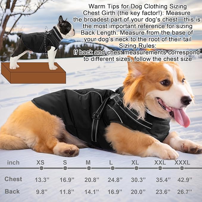 Fragralley Dog Coat with Harness Built in, Waterproof Windproof Reflective Warm Puffer Jacket, Fleece Lined Vest Winter Parka for Small, Medium, Large Dogs