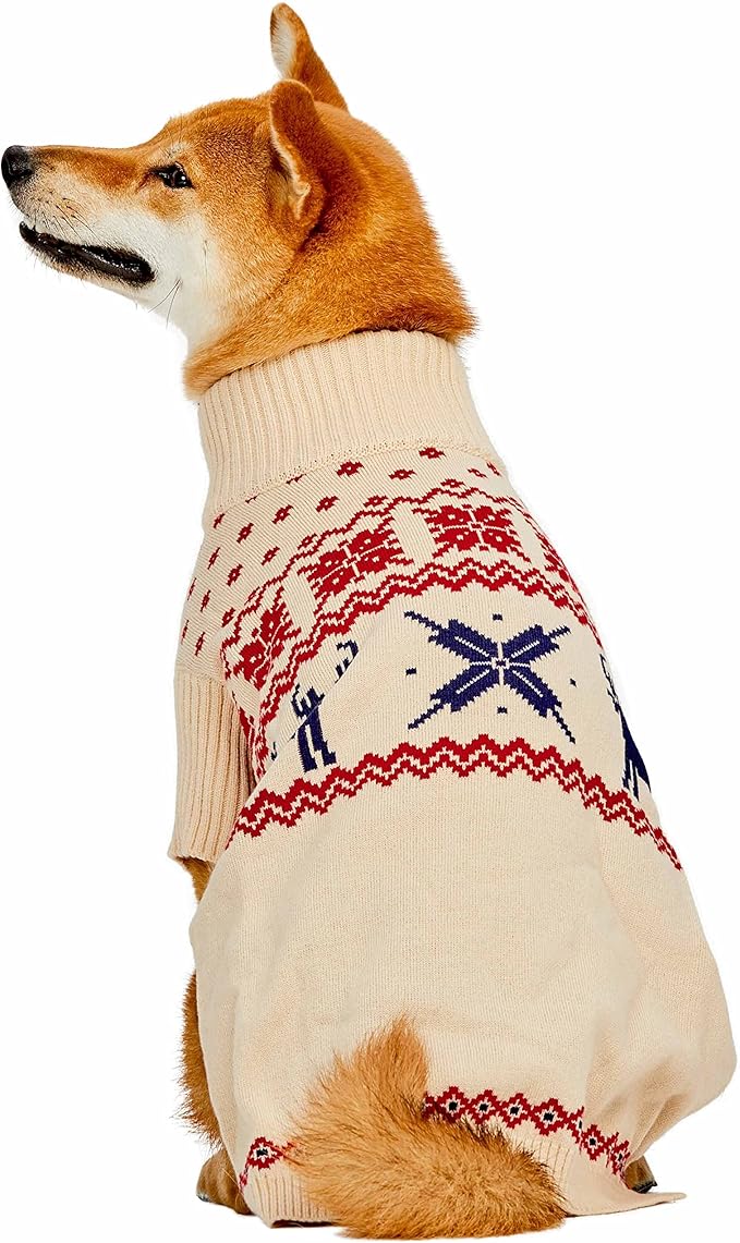 Blueberry Pet Christmas Reindeer and Snowflake Dog Sweater in Light Beige, Back Length 18", Pack of 1 Clothes for Dogs