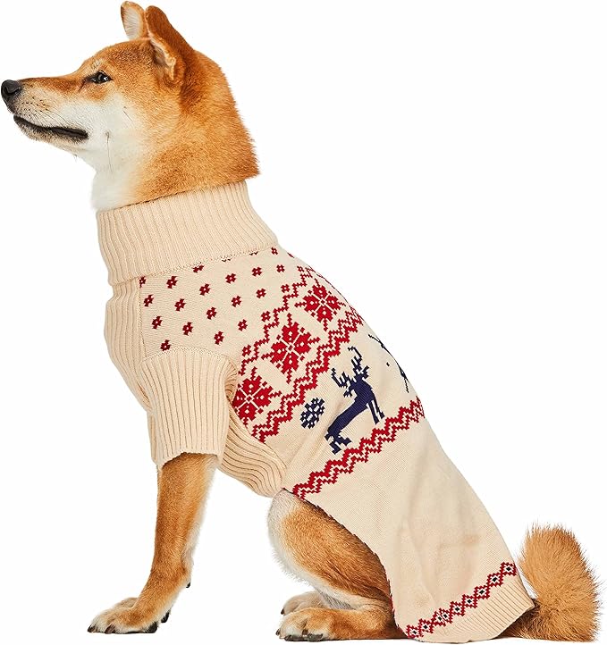 Blueberry Pet Christmas Reindeer and Snowflake Dog Sweater in Light Beige, Back Length 12", Pack of 1 Clothes for Dogs