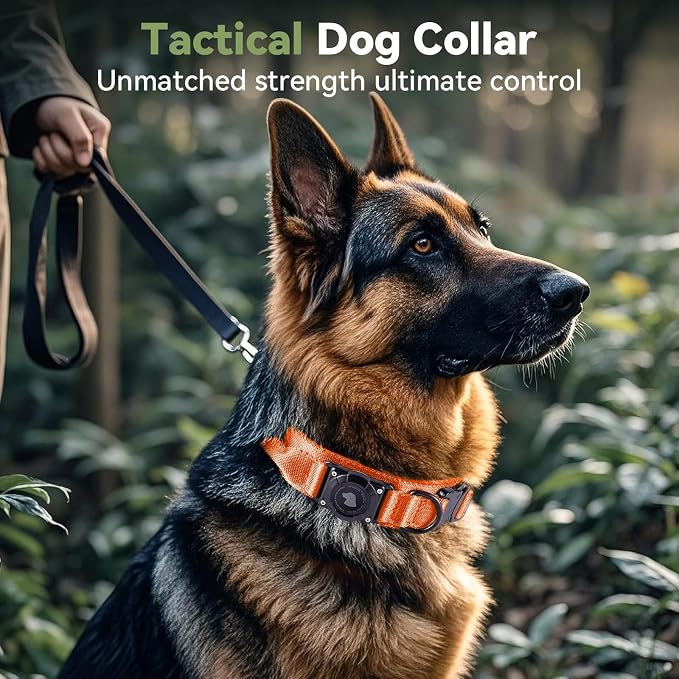 2026 Upgrade Waterproof Tactical AirTag Dog Collar, Built in AirTag Holder | Comfortable Control Handle, Quick Release Metal Buckle, Durable 1000D Nylon, For Medium to Large Dogs, Orange,L
