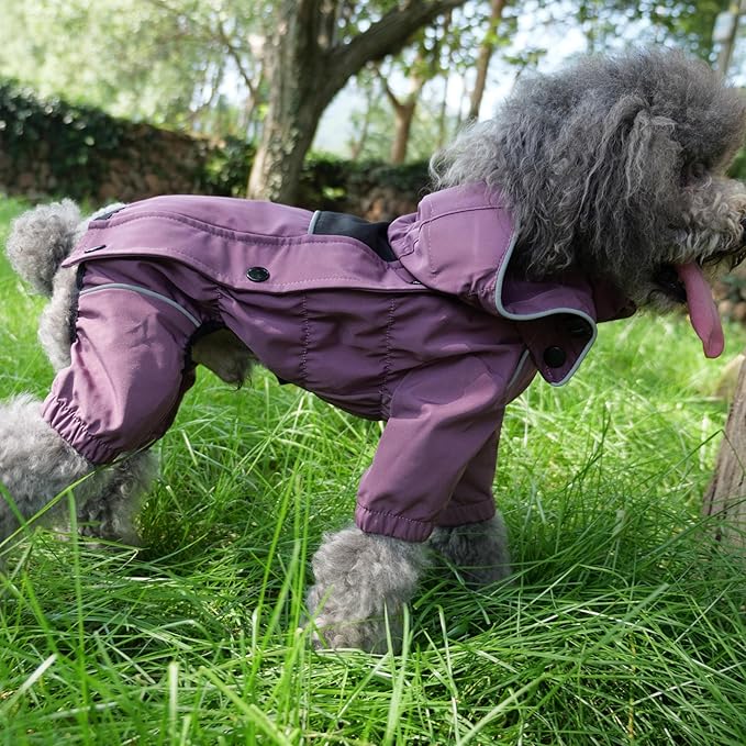 LOVELONGLONG Waterproof Dog Raincoat with Removable Hood – Outdoor Full Body Dog Jacket, Windproof Snowproof Shell Suit – All Season Pet Rain Gear Plum Purple XXS