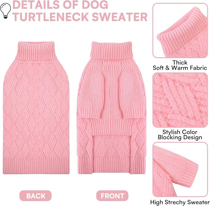 KOESON Large Dog Sweater, Warm Christmas Dog Sweaters for Large Dogs, Cable Knit Sweater for French Bulldog, Pug, Corgi, Boston Terrier, Easy On Xmas Sweaters for Dogs, Pink, L
